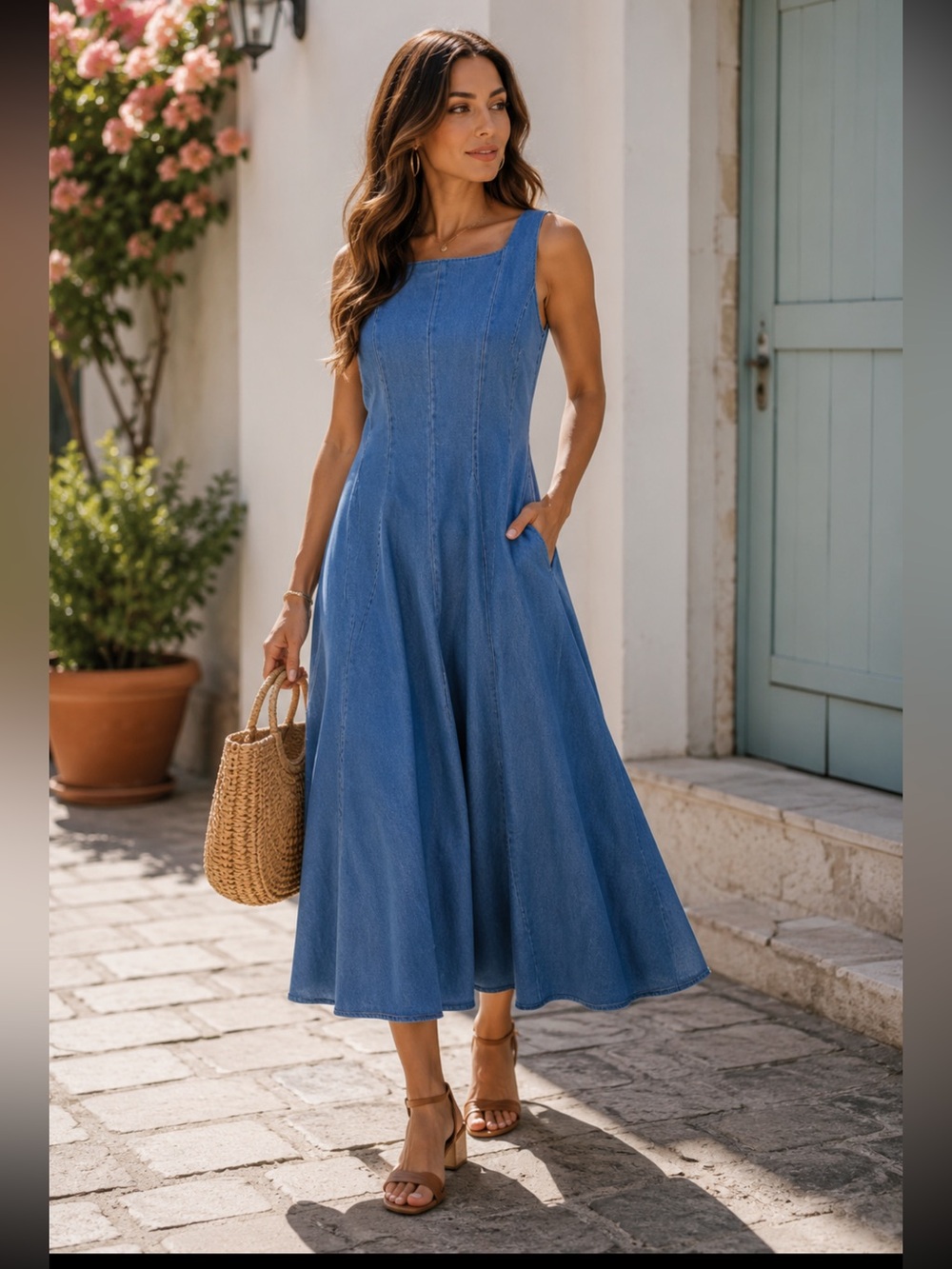 FROM PARIS FRANCE 🇫🇷 Denim A-Line Sleeveless Midi Dress - Light Blue